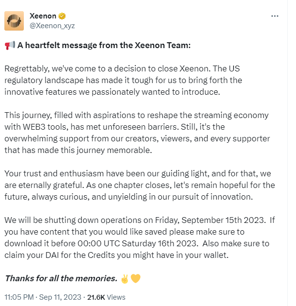 Web3 直播平台 Xeenon 宣布将于 9 月 15 日关闭运营
