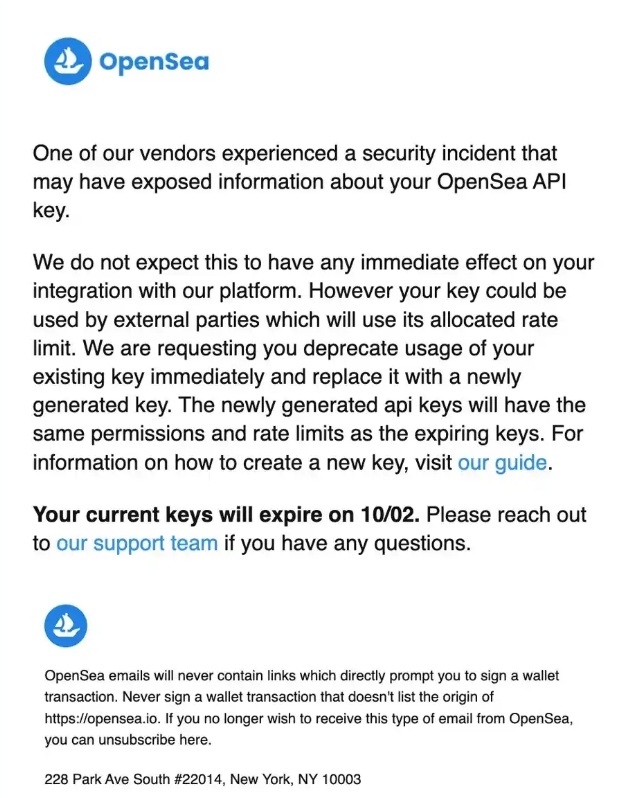 OpenSea：開発者のOpenSea APIキーが漏洩した可能性があるため、キーの変更を推奨します。