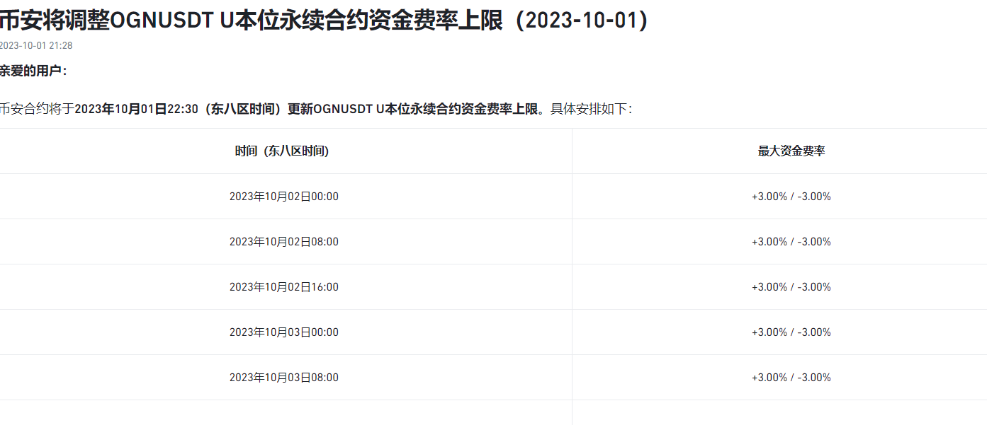 币安将调整OGNUSDT U本位永续合约资金费率上限