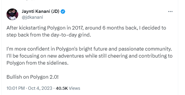 Polygonの共同創設者Jaynti Kananiが退職を発表しました。
