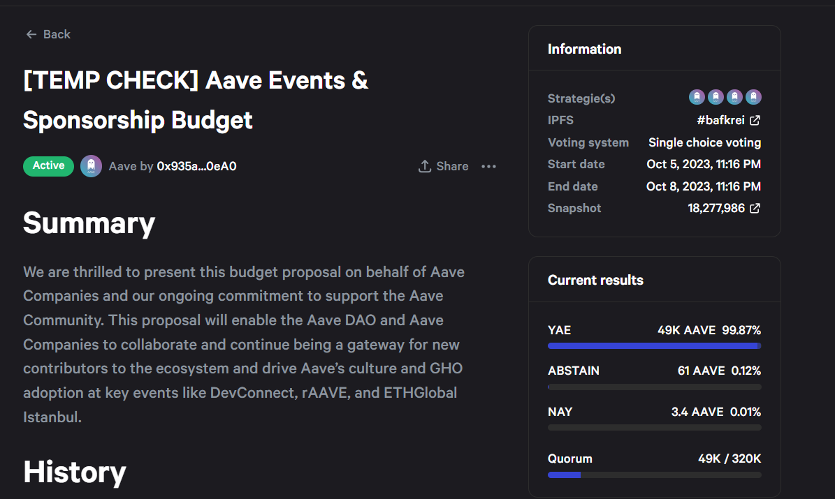 Aave initiates an activity and sponsorship budget vote, proposing to allocate a budget of $550,000 to be paid in GHO