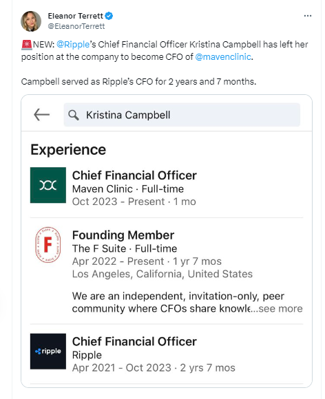 Ripple 최고재무책임자가 퇴사했습니다