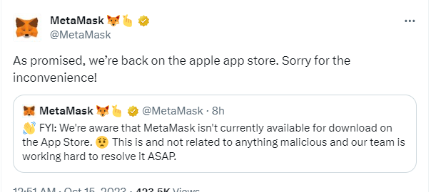 MetaMaskはApple App Storeに再上陸しました。