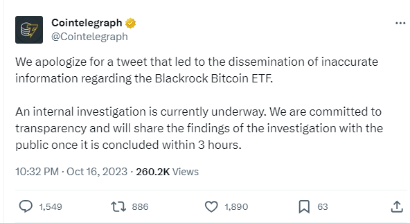 Cointelegraph: 내부 조사가 진행 중이며 곧 조사 결과를 발표할 예정입니다