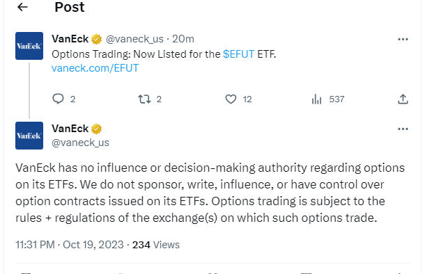 VanEck イーサリアム先物 ETF（EFUT）が現在取引可能です。