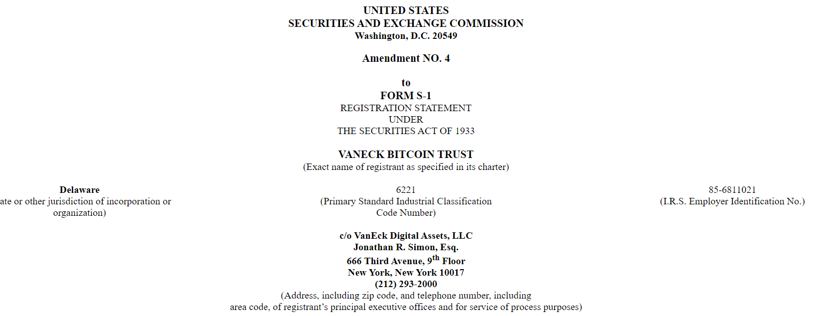 VanEckはそのビットコイン現物ETFの目論見書の第4版修正書類を提出しました。