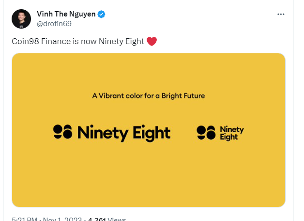 区块链企业 Coin98 Finance 宣布品牌升级为 Ninety Eight