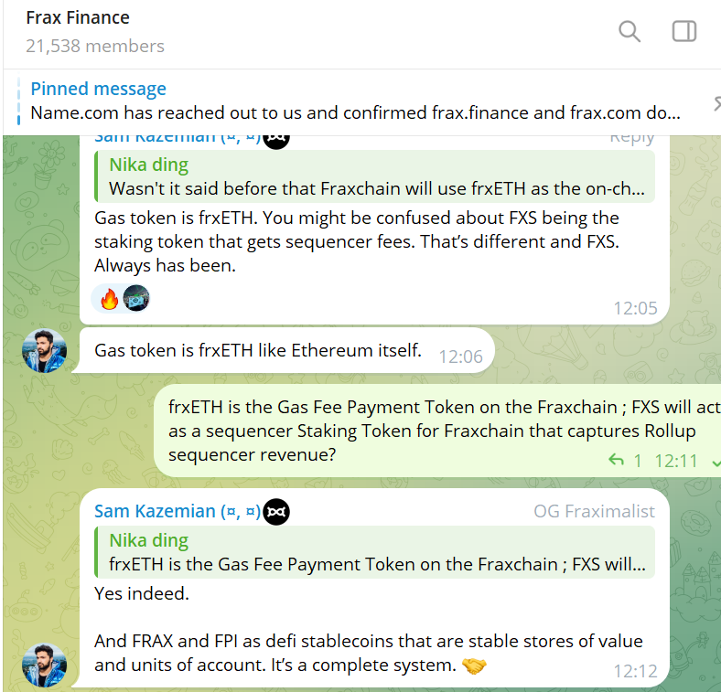 FraxChain 链上 Gas 代币是 frxETH，FXS 代币用于捕获网络排序器收入