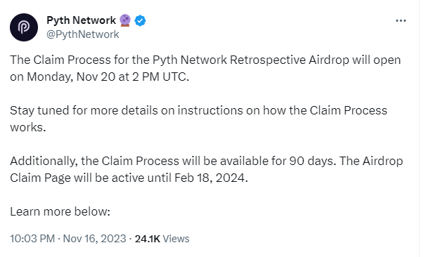 Pyth Network：回溯空投申请将于 11 月 20 日 22 时开放