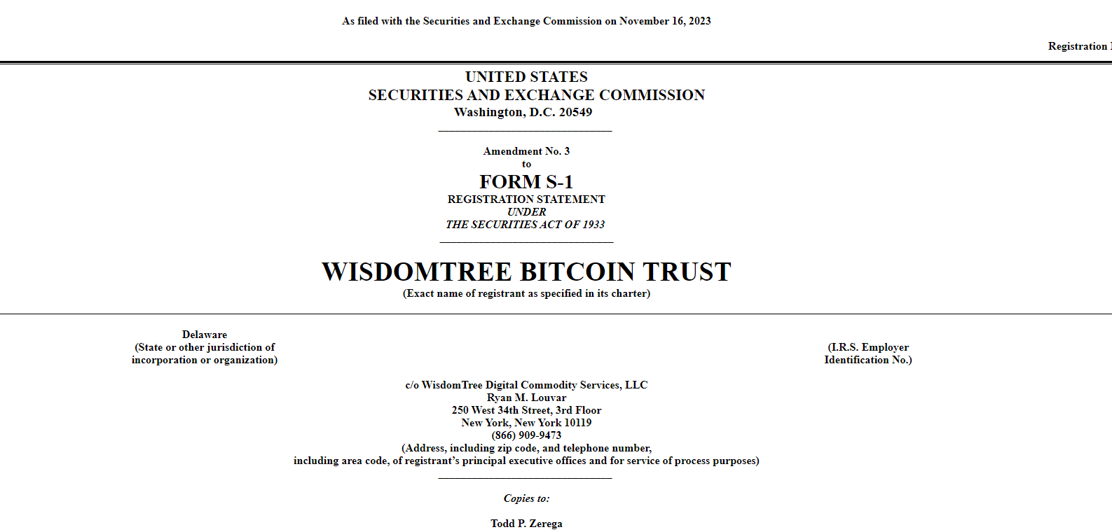 Asset management company WisdomTree has submitted the S-1 prospectus for a spot Bitcoin ETF again