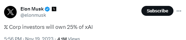 マスク：X社の投資家はxAIの25%の株式を保有することになる。