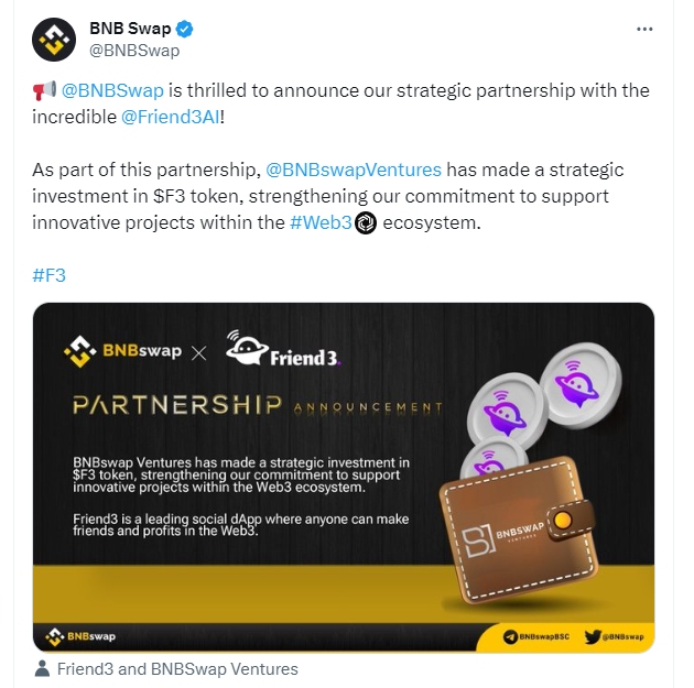 社交 dapp Friend3 获得 BNBswap 的战略投资