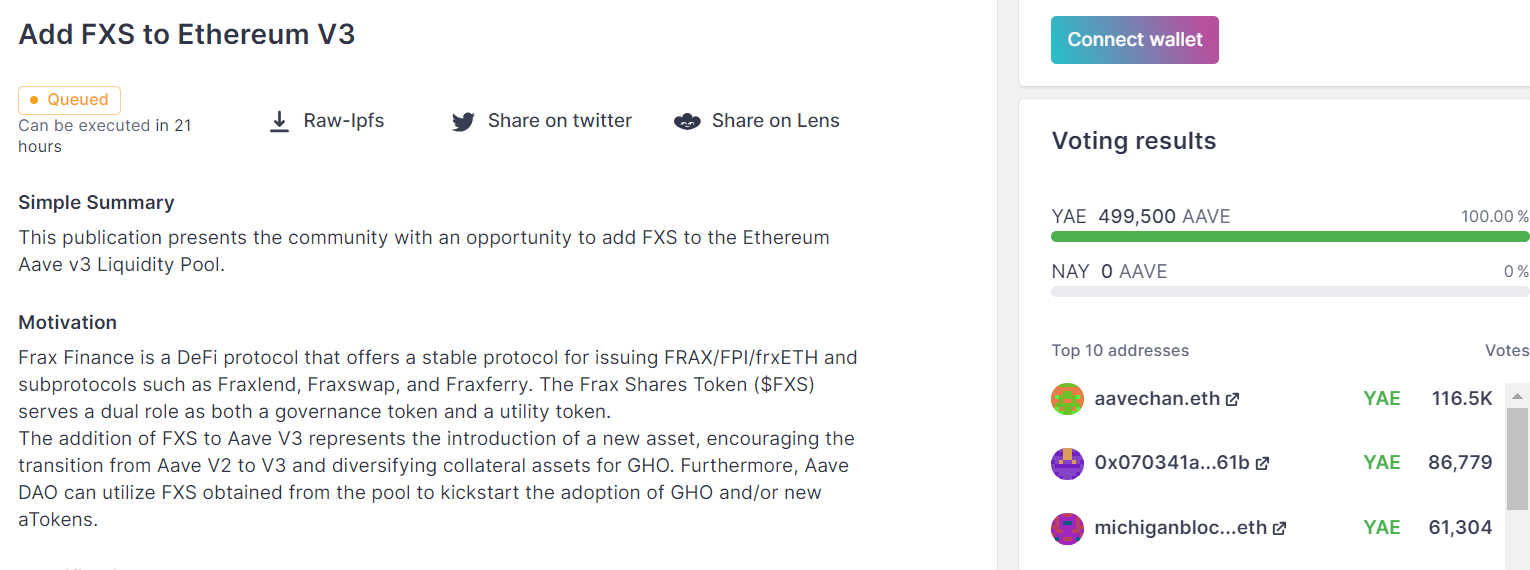 Aave 关于"将 FXS 添至以太坊上 V3 流动性池"提案获投票通过