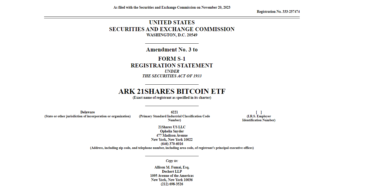 ARKは修正された現物ビットコインETFの目論見書を提出しました。