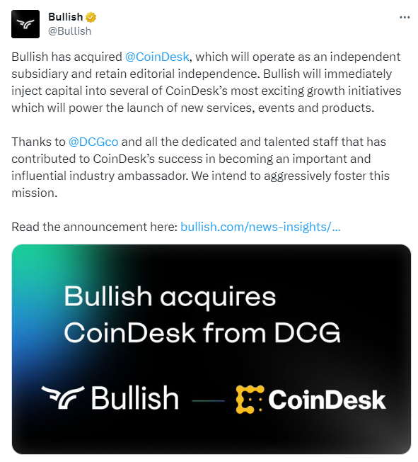 암호화폐 거래소 Bullish가 현금으로 CoinDesk의 100% 지분을 인수했습니다