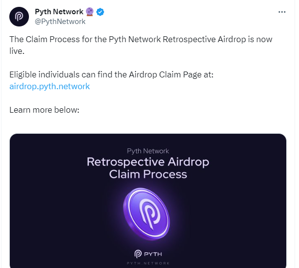 Pyth Network：回溯空投已开放申领