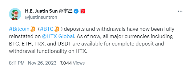 孫宇晨：HTXでビットコインの入出金業務が全面的に復旧し、今後数日以内にその他の通貨の入出金サービスも復旧する予定です。