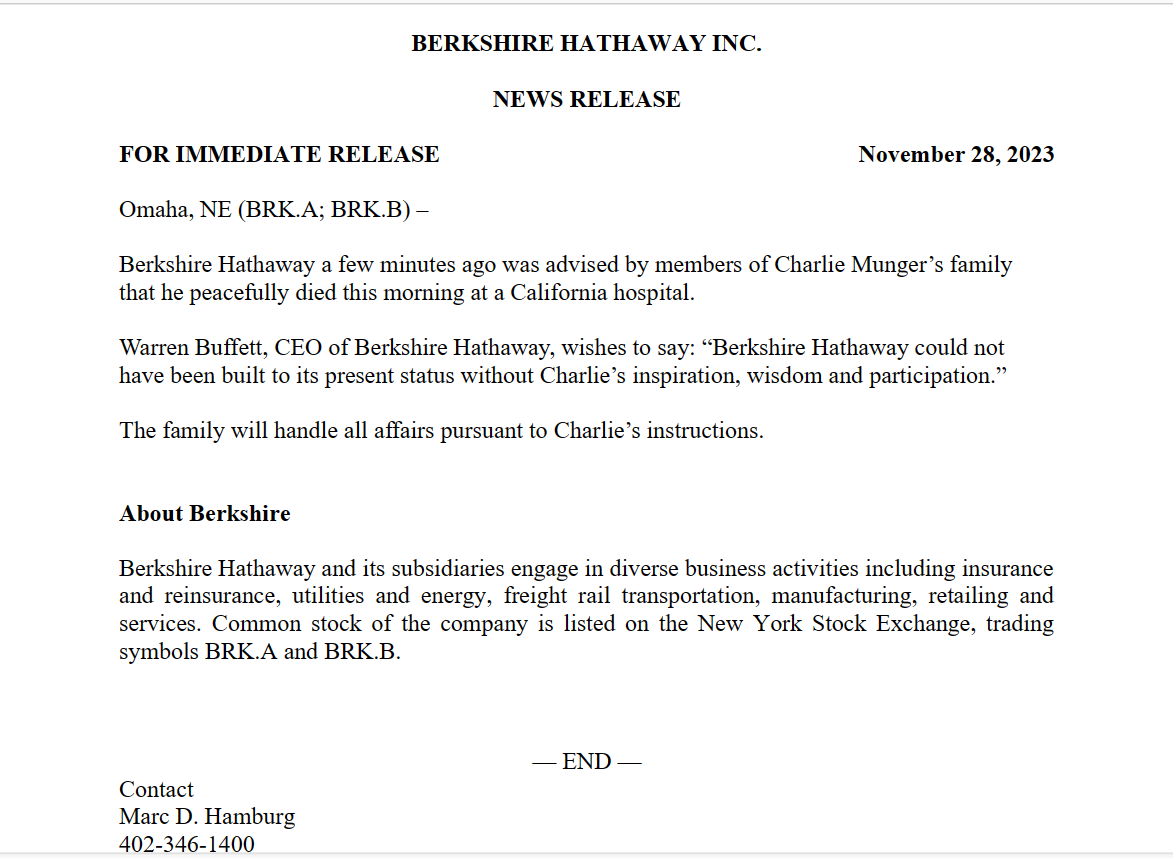 Charlie Munger passed away at the age of 99