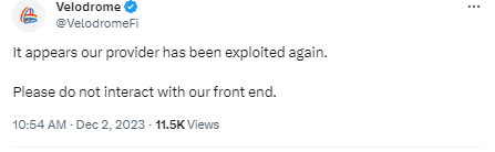 Velodrome 与 Aerodrome 服务提供商疑似再度被攻击，请勿与其前端交互