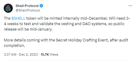 Shell Protocol：SHELLトークンは24年1月中旬に公開されます。