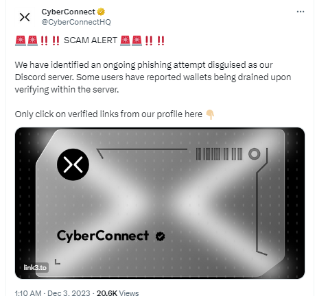CyberConnect：有人通过虚假 Discord 服务器进行网络钓鱼，部分用户钱包遭受损失