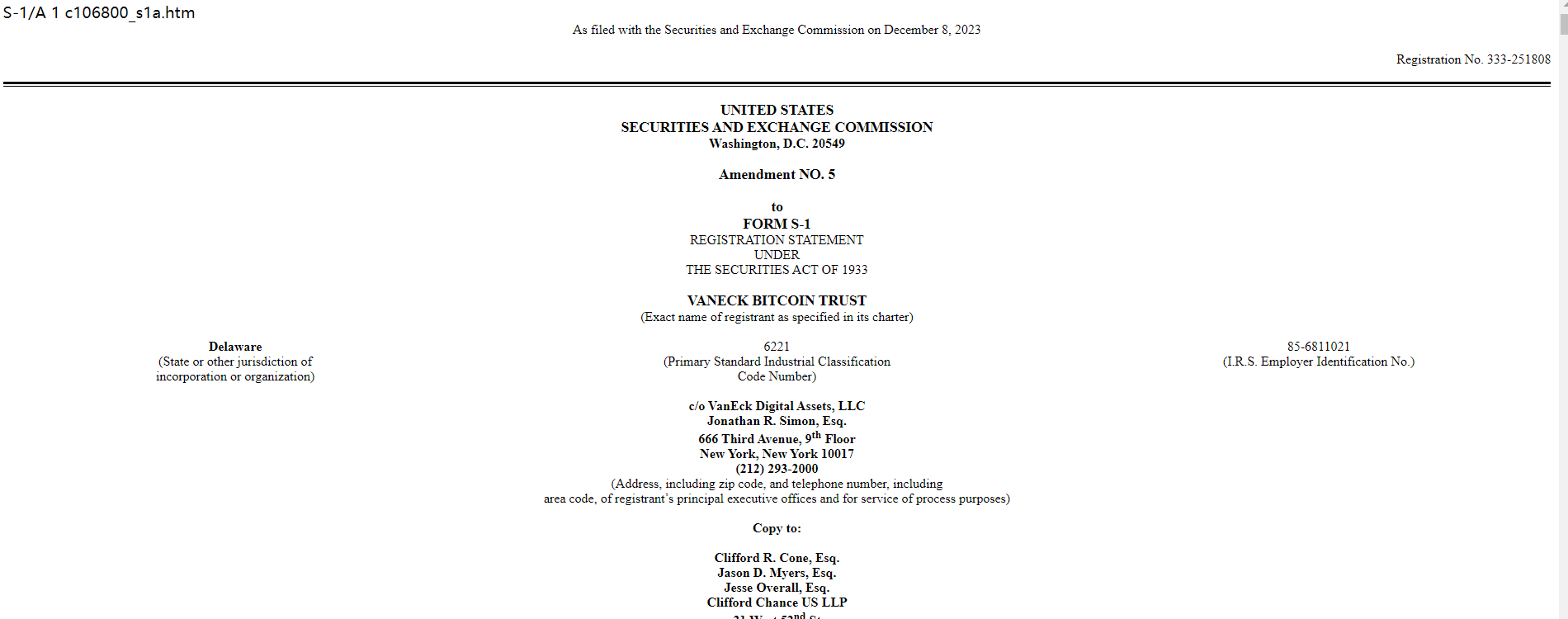 VanEckはそのビットコイン現物ETF申請にS-1修正案を提出しました。