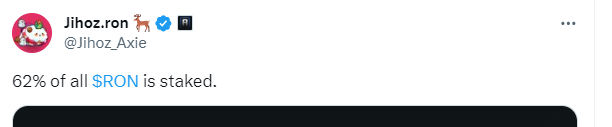 Axie Infinity 聯創：已有 62%的 RON 代幣處於質押中
