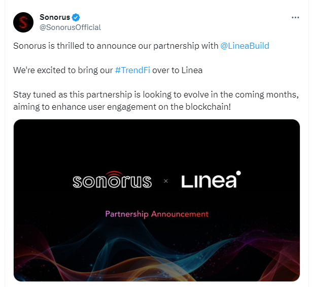 Web3 음악 공유 플랫폼 Sonorus가 Linea와 전략적 협력을 체결했다고 발표했습니다