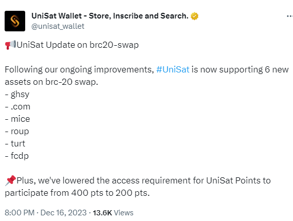 UniSat：brc-20 スワップに新たに 6 種類の資産が追加され、コミュニティの活発なメンバーに Atomicals テストの招待を送信します。