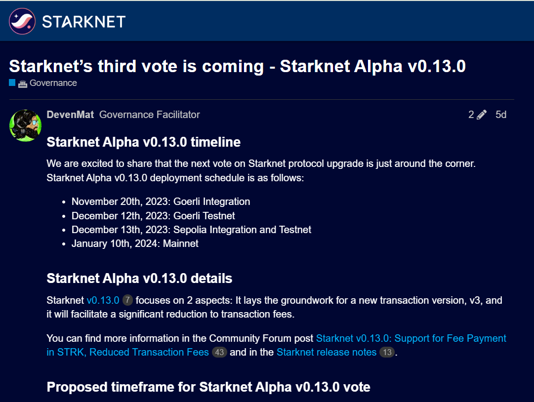 Starknet メインネット v0.13 のアップデートは 2024 年 1 月 10 日に行われ、STRK でのガス支払いをサポートします。