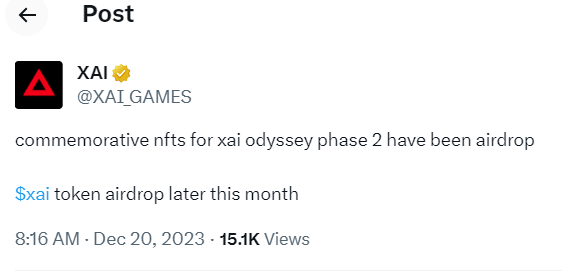 ArbitrumエコシステムゲームLayer3ネットワークXaiは今月末にトークンXAIをエアドロップします。