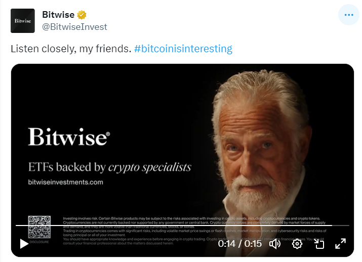 ビットコイン現物ETF申請者のBitwiseは、本日新しいビットコインETFの広告動画を公開しました。