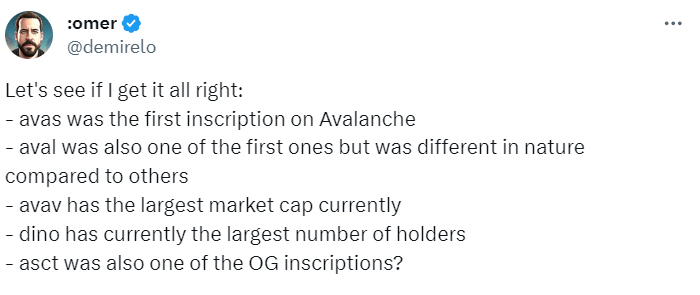 Avalanche 高管 omer：avas 是 Avalanche 上首个铭文