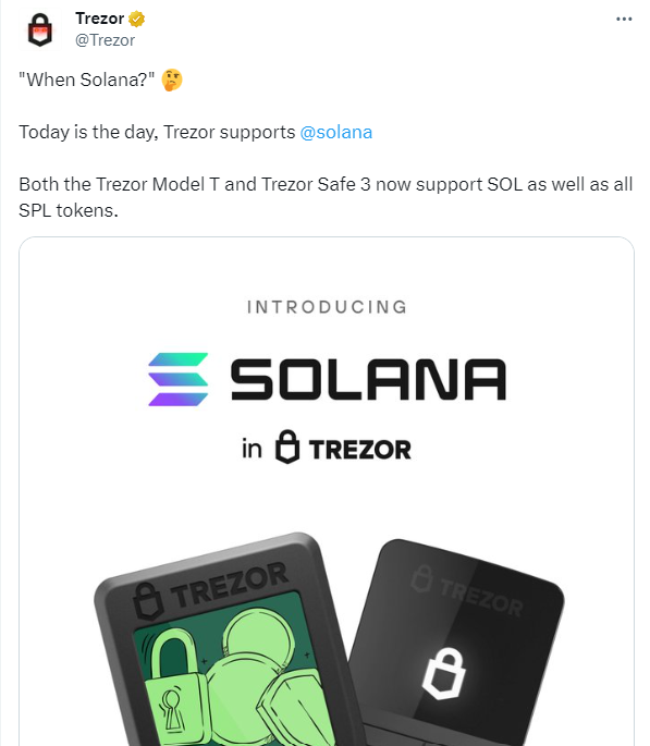 Trezor Model T と Safe 3 ハードウェアウォレットは、現在 SOL と SPL トークンをサポートしています。