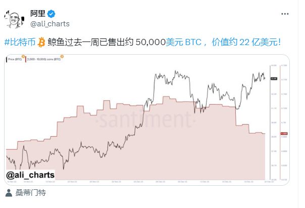 数据：鲸鱼投资者一周内抛售约 50,000 枚 BTC，约合 22 亿美元