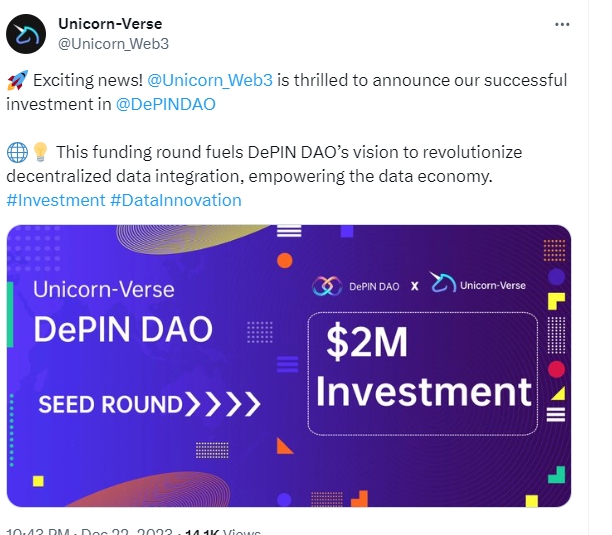 Solana 生态项目 DePIN DAO 获 Unicorn-Verse 200 万美元种子轮投资