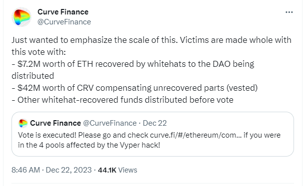 Curve Financeはハッキング被害者に4900万ドル以上の賠償金を支払う。