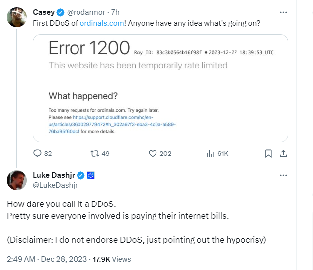 Ordinals 創始人稱網站遭受 DDoS 垃圾郵件攻擊，批評者大呼 "虛偽"