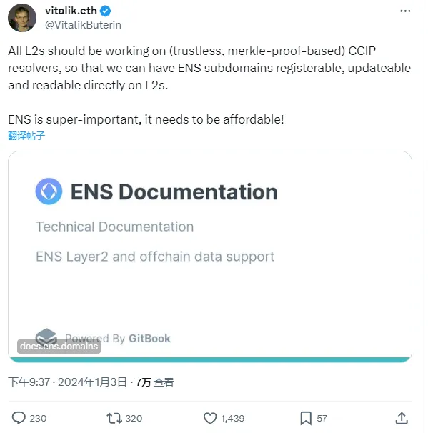 Vitalik: All L2s should run on the CCIP resolver for easy registration directly on L2