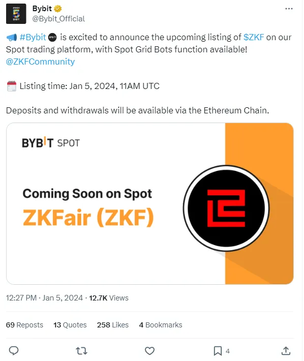 The Ethereum L2 network ZKFair token $ZKF will be listed for trading on the Bybit platform today
