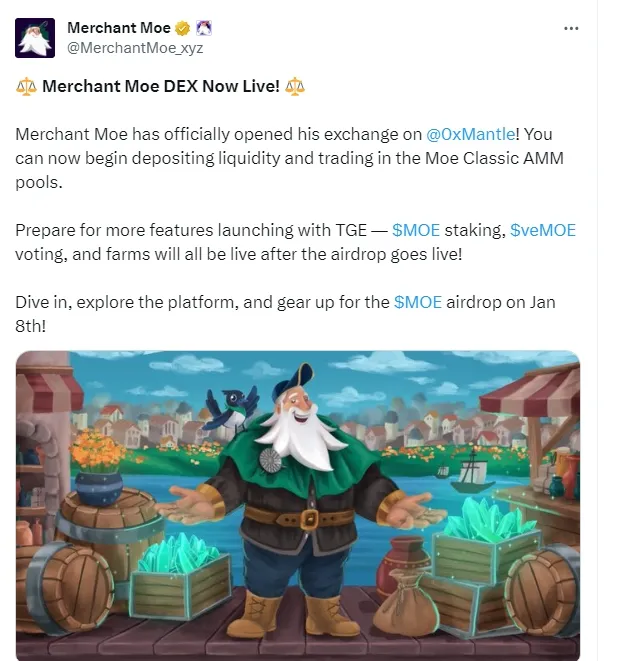 Mantle 生态 DEX Merchant Moe 上线，将于 1 月 8 日开启 MOE 代币空投