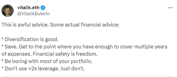 Vitalik 理财建议：分散投资是好事，不要使用大于 2 倍的杠杆