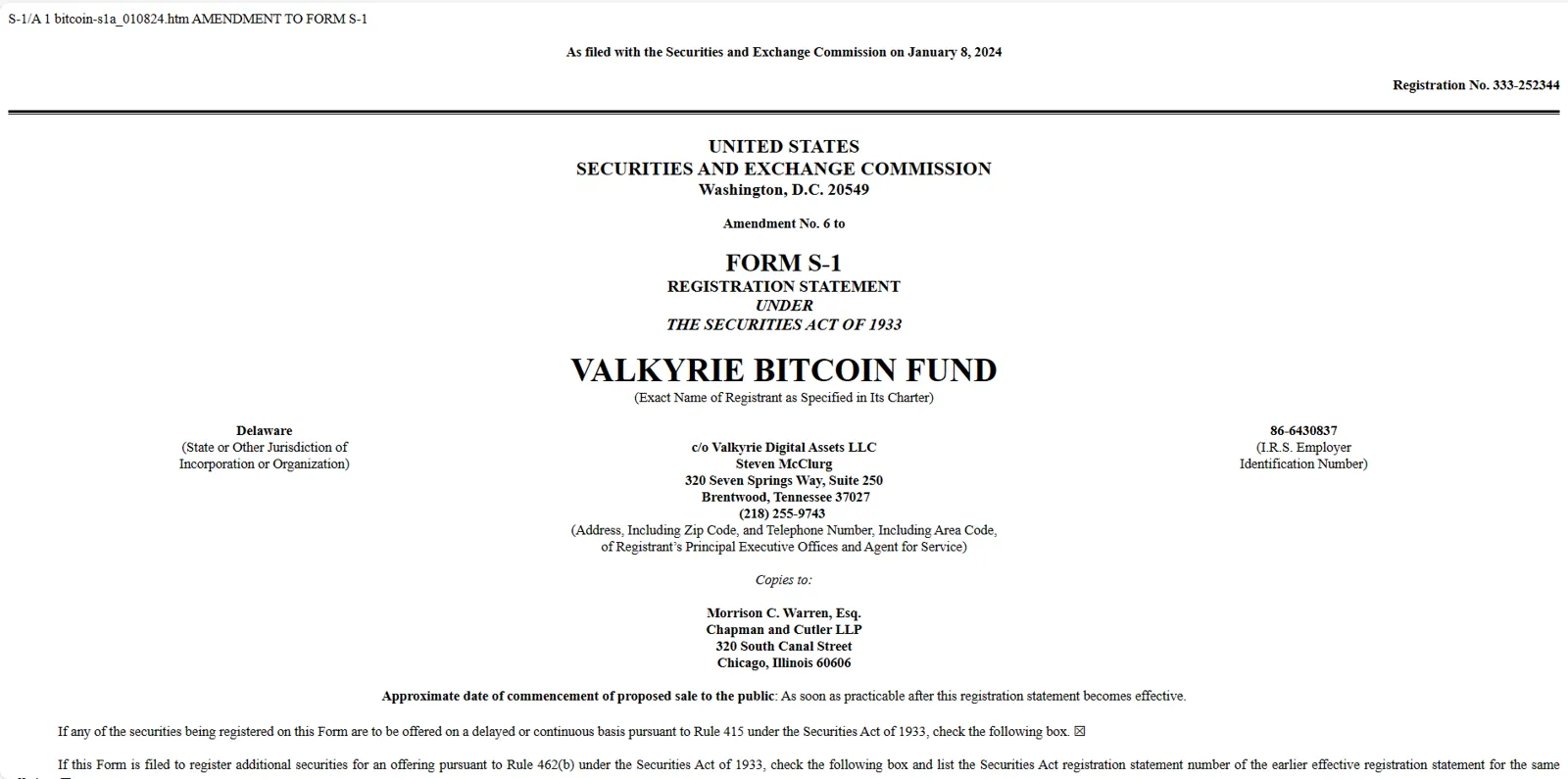 Valkyrie는 비트코인 현물 ETF S-1 업데이트 파일을 제출했습니다