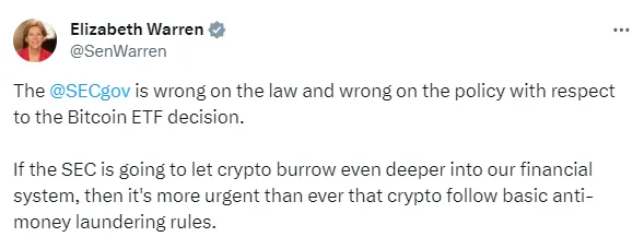 美參議員抨擊 SEC 關於現貨比特幣 ETF 的決定，稱加密貨幣需要遵守反洗錢規則