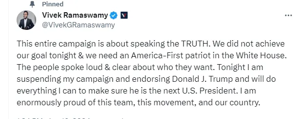 Cryptocurrency supporter Vivek Ramaswamy announced the suspension of his U.S. presidential campaign