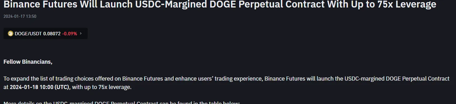 Binance will launch 1-75x USDC-based DOGE perpetual contracts