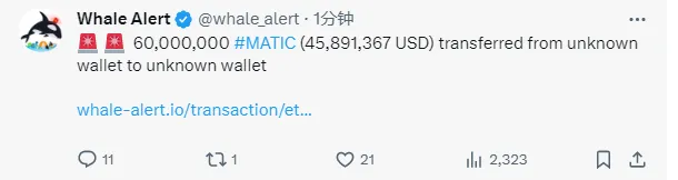 Whale Alert：6000万枚MATICが不明なウォレットから不明なウォレットに移動しました