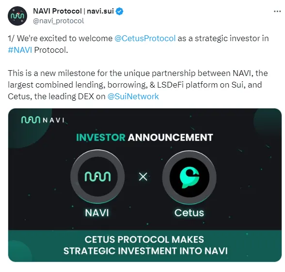 Sui 생태계 DeFi 프로젝트 NAVI 프로토콜이 Cetus의 전략적 투자를 받았다고 발표했습니다