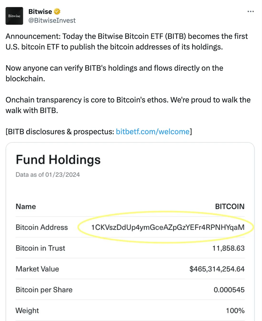 Bitwise 成为首家公布链上钱包地址的比特币现货 ETF 提供商