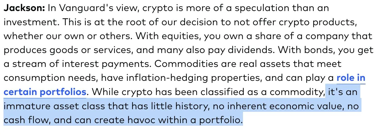 Vanguard：比特币是一种不成熟的资产类别，几乎没有历史与内在经济价值